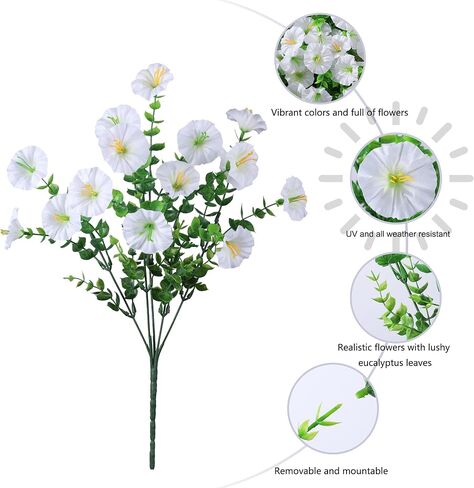 Ivydale 24 Bundles Artificial Flowers for Outdoors Summer Outside Decoration, Faux Silk Petunias White Fake Flowers Bulk Realistic UV Resistant Plants for Outdoor Planters Porch Patio Garden Yard Home in Saudi Arabia