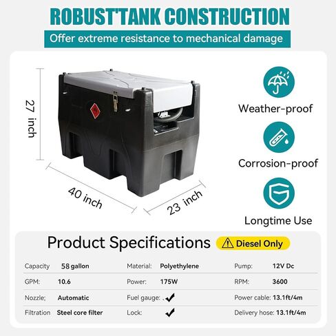 58 Gal Fuel Transfer Tank, 12 GPM Portable Fuel Tank with 12V Fuel Transfer Pump,PE Diesel Transfer Tank with 13.1ft Hose/Auto Fuel Nozzle/360°Swivel Connector for Easy Fuel Transportation (58 Gallon) in Kuwait