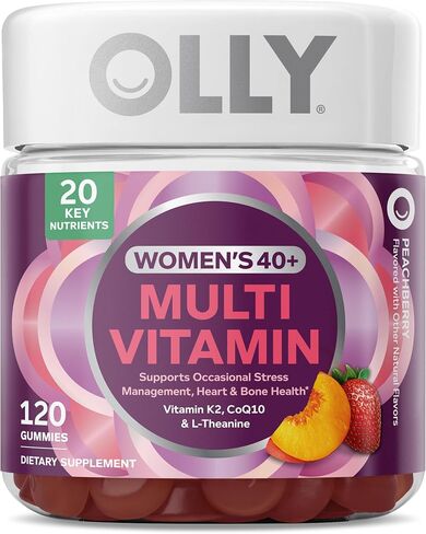 OLLY Women's 40+ Multi Gummies, 20 Key Nutrients Plus Vitamin K2, CoQ10, L-Theanine, Chewable Gummy Supplement, Peach Berry Flavored, 45 Day Supply - 120 Count in Saudi Arabia