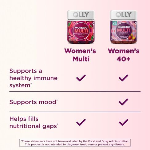 OLLY Women's 40+ Multi Gummies, 20 Key Nutrients Plus Vitamin K2, CoQ10, L-Theanine, Chewable Gummy Supplement, Peach Berry Flavored, 45 Day Supply - 120 Count in Saudi Arabia