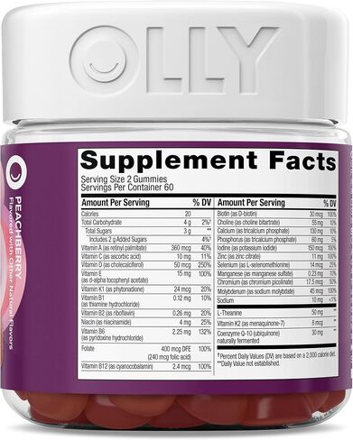 OLLY Women's 40+ Multi Gummies, 20 Key Nutrients Plus Vitamin K2, CoQ10, L-Theanine, Chewable Gummy Supplement, Peach Berry Flavored, 45 Day Supply - 120 Count in Saudi Arabia