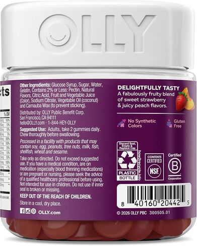 OLLY Women's 40+ Multi Gummies, 20 Key Nutrients Plus Vitamin K2, CoQ10, L-Theanine, Chewable Gummy Supplement, Peach Berry Flavored, 45 Day Supply - 120 Count in Saudi Arabia