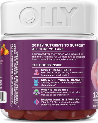 OLLY Women's 40+ Multi Gummies, 20 Key Nutrients Plus Vitamin K2, CoQ10, L-Theanine, Chewable Gummy Supplement, Peach Berry Flavored, 45 Day Supply - 120 Count in Saudi Arabia