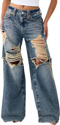 بنطلون جينز نسائي فضفاض من True Religion Destroyed Jessie ذو طبقات - 100% قطن دينم، مقاس فضفاض، طراز مميز in Kuwait