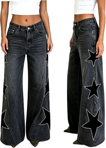 Star Jeans for Women Girls Baggy Cute Pearl Denim Pants High Waisted Loose Jeans Grunge Aesthetic Clothes in Saudi Arabia