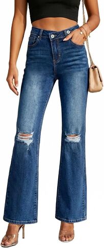 Women's Flare Wide Leg Jeans High Waisted Stretchy Jeans Ripped Bootcut Casual Bell Bottom Denim Pants in Kuwait