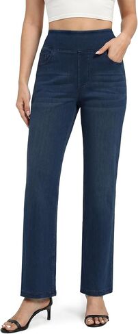 Pull on Straight Leg Jeans for Women Stretchy Sweatpant Jeans Elastic High Waist Tummy Control Trendy Denim Pants in Saudi Arabia