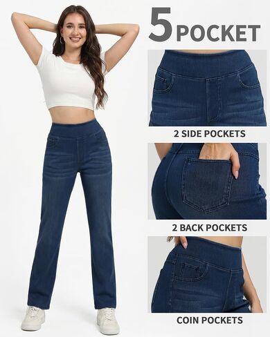 Pull on Straight Leg Jeans for Women Stretchy Sweatpant Jeans Elastic High Waist Tummy Control Trendy Denim Pants in Saudi Arabia