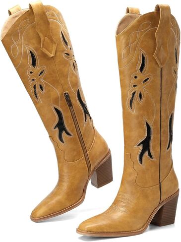 Cowboy Boots for Women Knee High Square Toe Chunky Heel Pull On Zipper Western Cowgirl Boots, Vintage Fashion Tall Boots for country concerts in Saudi Arabia
