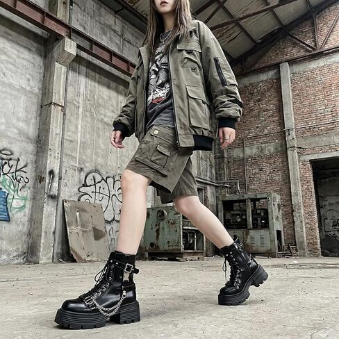 Y2K Punk Ankle Boots for Women Chunky High Heel Goth Fashion Buckle Zipper Lace Up Combat Boot Motorcycle Shoes in Saudi Arabia