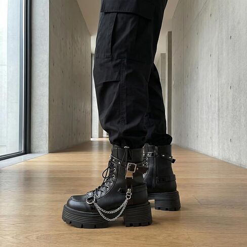 Y2K Punk Ankle Boots for Women Chunky High Heel Goth Fashion Buckle Zipper Lace Up Combat Boot Motorcycle Shoes in Saudi Arabia