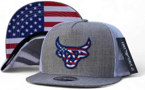 LOST CALF Unisex Americalf Flat Bill Snapback Hat Grey White Mesh Back Adjustable Trucker Cap in Kuwait