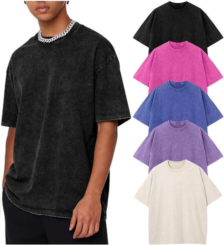 Men Oversized T-Shirts Vintage Acid Wash Shirts Cotton Baggy Top Short Sleeve Gym Tees in Saudi Arabia