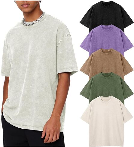 Men Oversized T-Shirts Vintage Acid Wash Shirts Cotton Baggy Top Short Sleeve Gym Tees in Saudi Arabia
