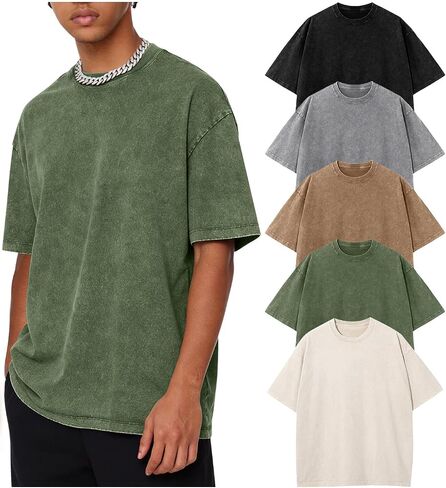 Men Oversized T-Shirts Vintage Acid Wash Shirts Cotton Baggy Top Short Sleeve Gym Tees in Saudi Arabia