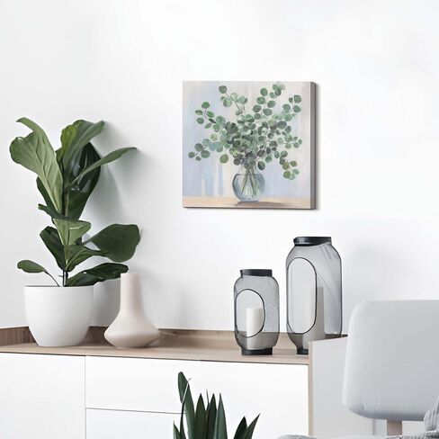 Sage Green Canvas Wall Art - Small Minimalist Plant Vase Prints Botanical Leaves Pictures Eucalyptus Decor for Bathroom Kitchen 12x12 Inch in Saudi Arabia