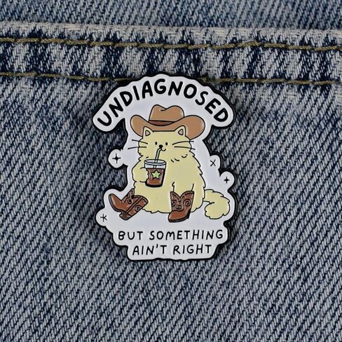 Undiagnosed But Something Ain’t Right Cute Cat Cowboy Drinking Enamel Pin, Anxiety Humor Pin Brooch, Sarcastic Cartoon Cat Brooch Badge, Funny Mental Health Lapel Badges, Cute Animal Gift For Sarcastic Friend Coworker, Quirky Novelty Jewelry Accessory in Kuwait