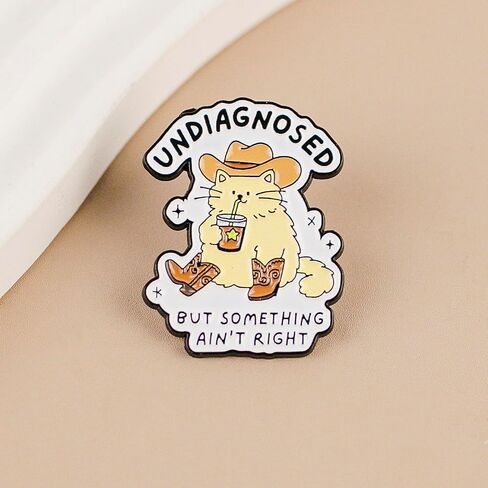 Undiagnosed But Something Ain’t Right Cute Cat Cowboy Drinking Enamel Pin, Anxiety Humor Pin Brooch, Sarcastic Cartoon Cat Brooch Badge, Funny Mental Health Lapel Badges, Cute Animal Gift For Sarcastic Friend Coworker, Quirky Novelty Jewelry Accessory in Kuwait