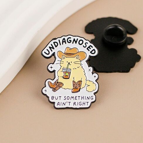 Undiagnosed But Something Ain’t Right Cute Cat Cowboy Drinking Enamel Pin, Anxiety Humor Pin Brooch, Sarcastic Cartoon Cat Brooch Badge, Funny Mental Health Lapel Badges, Cute Animal Gift For Sarcastic Friend Coworker, Quirky Novelty Jewelry Accessory in Kuwait