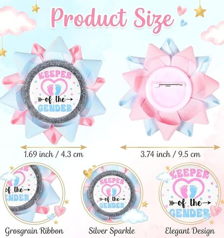Keeper of the Gender Pin, Gender Reveal Party Favor Team Button with Light Blue Pink Grosgrain Ribbon for Baby Shower Celebration, Prediction Party Accessory for Grandparents' Family in Kuwait