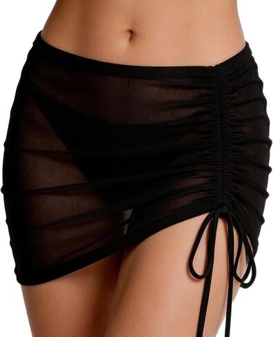 Women's High Waisted Swim Skirt Bikini Bottom Swim Skirt Tummy Control Mesh Tie Knot Bathing Suit Bottom Mesh Ruched Drawsting Bathing Suit Black in Saudi Arabia