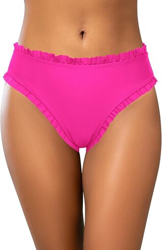 SHEKINI Women Medium Waist Petite Bikini Bottoms Cheeky Solid Color Swimsuit Ruched Frill Trim Swim Briefs in Kuwait