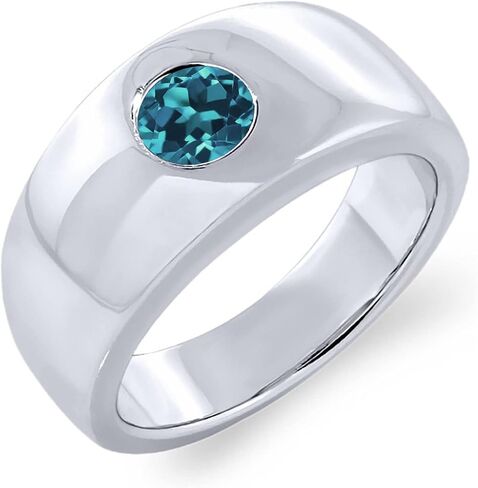 Gem Stone King 1.10 Cttw Round London Blue Topaz Ring for Men | 925 Sterling Silver | Gemstone Birthstone | Round 6MM | Available In Size 7, 8, 9, 10, 11, 12, 13 in Kuwait