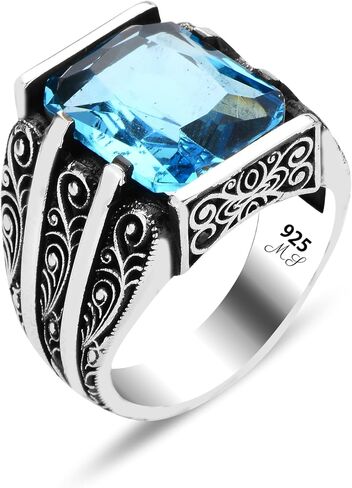 Handmade Silver Aquamarine Ring, Engraved Blue Gemstone Stone Ring, Vintage Men Ring, Turkish Ottoman Men Ring, 925k Sterling Silver Ring in Kuwait