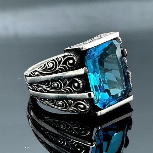 Handmade Silver Aquamarine Ring, Engraved Blue Gemstone Stone Ring, Vintage Men Ring, Turkish Ottoman Men Ring, 925k Sterling Silver Ring in Kuwait