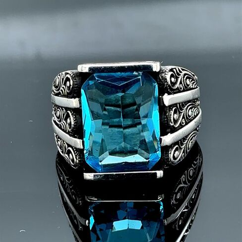 Handmade Silver Aquamarine Ring, Engraved Blue Gemstone Stone Ring, Vintage Men Ring, Turkish Ottoman Men Ring, 925k Sterling Silver Ring in Kuwait