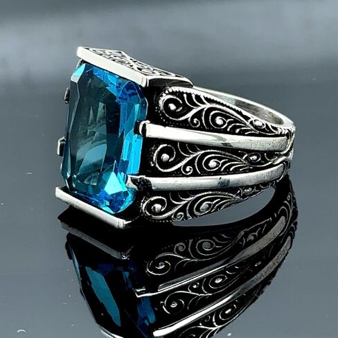 Handmade Silver Aquamarine Ring, Engraved Blue Gemstone Stone Ring, Vintage Men Ring, Turkish Ottoman Men Ring, 925k Sterling Silver Ring in Kuwait