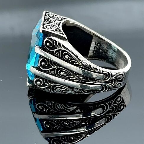 Handmade Silver Aquamarine Ring, Engraved Blue Gemstone Stone Ring, Vintage Men Ring, Turkish Ottoman Men Ring, 925k Sterling Silver Ring in Kuwait