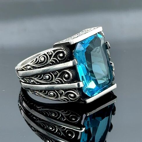 Handmade Silver Aquamarine Ring, Engraved Blue Gemstone Stone Ring, Vintage Men Ring, Turkish Ottoman Men Ring, 925k Sterling Silver Ring in Kuwait