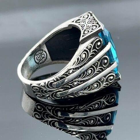 Handmade Silver Aquamarine Ring, Engraved Blue Gemstone Stone Ring, Vintage Men Ring, Turkish Ottoman Men Ring, 925k Sterling Silver Ring in Kuwait
