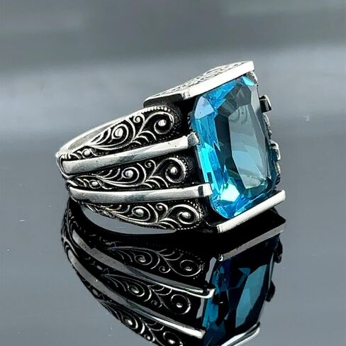 Handmade Silver Aquamarine Ring, Engraved Blue Gemstone Stone Ring, Vintage Men Ring, Turkish Ottoman Men Ring, 925k Sterling Silver Ring in Kuwait