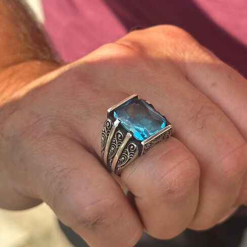 Handmade Silver Aquamarine Ring, Engraved Blue Gemstone Stone Ring, Vintage Men Ring, Turkish Ottoman Men Ring, 925k Sterling Silver Ring in Kuwait