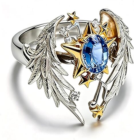 Unisex Love Ring-Adjustable Angel Wing Gothic Statement Ring with Gold-Tone Stars & Blue CZ, Couples Open Ring, Birthday Gift for Men Women in Saudi Arabia