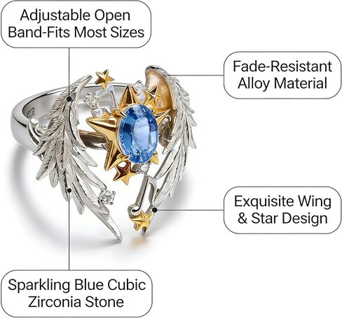 Unisex Love Ring-Adjustable Angel Wing Gothic Statement Ring with Gold-Tone Stars & Blue CZ, Couples Open Ring, Birthday Gift for Men Women in Saudi Arabia