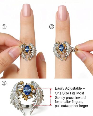 Unisex Love Ring-Adjustable Angel Wing Gothic Statement Ring with Gold-Tone Stars & Blue CZ, Couples Open Ring, Birthday Gift for Men Women in Saudi Arabia