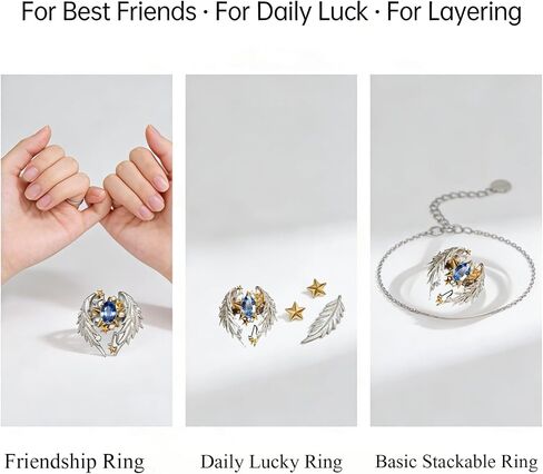 Unisex Love Ring-Adjustable Angel Wing Gothic Statement Ring with Gold-Tone Stars & Blue CZ, Couples Open Ring, Birthday Gift for Men Women in Saudi Arabia