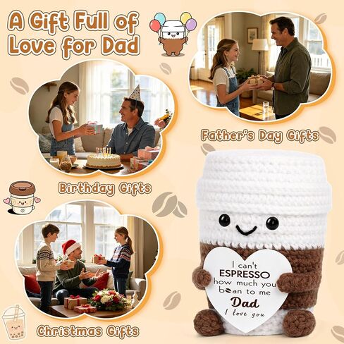 Fathers Day Dad Gifts from Daughter Son, First Father's Day Birthday Gifts for New Dad Stepdad Bonusdad Father in Law I Love You Dad's Gift for Daddy Funny Handmade Crochet Espresso Coffee Doll in Saudi Arabia