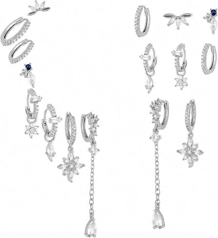 8 Pcs Earring Stacks Cartilage Chain Piercing Set Women 18k Flat Back Multiple Piercing Dangle Hoop Jewelry Gift in Saudi Arabia