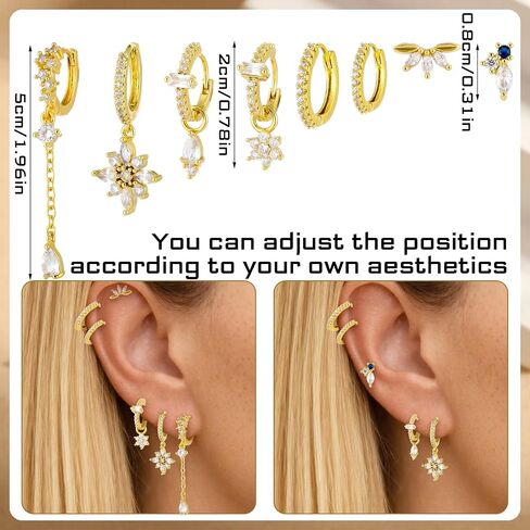 8 Pcs Earring Stacks Cartilage Chain Piercing Set Women 18k Flat Back Multiple Piercing Dangle Hoop Jewelry Gift in Saudi Arabia