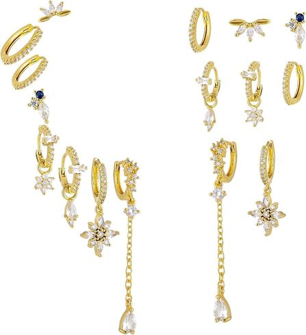 8 Pcs Earring Stacks Cartilage Chain Piercing Set Women 18k Flat Back Multiple Piercing Dangle Hoop Jewelry Gift in Saudi Arabia