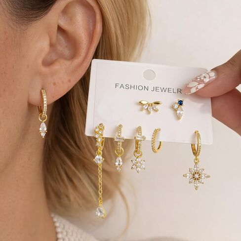 8 Pcs Earring Stacks Cartilage Chain Piercing Set Women 18k Flat Back Multiple Piercing Dangle Hoop Jewelry Gift in Saudi Arabia