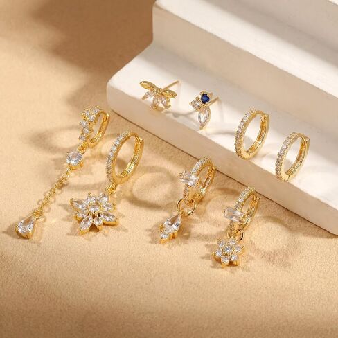 8 Pcs Earring Stacks Cartilage Chain Piercing Set Women 18k Flat Back Multiple Piercing Dangle Hoop Jewelry Gift in Saudi Arabia