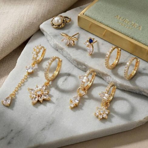 8 Pcs Earring Stacks Cartilage Chain Piercing Set Women 18k Flat Back Multiple Piercing Dangle Hoop Jewelry Gift in Saudi Arabia