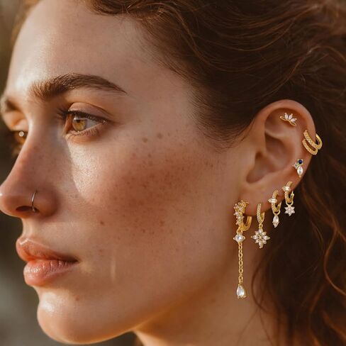 8 Pcs Earring Stacks Cartilage Chain Piercing Set Women 18k Flat Back Multiple Piercing Dangle Hoop Jewelry Gift in Saudi Arabia