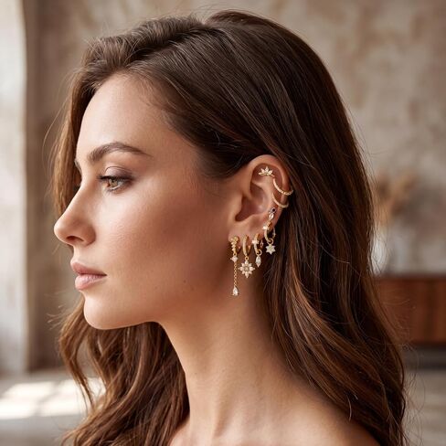 8 Pcs Earring Stacks Cartilage Chain Piercing Set Women 18k Flat Back Multiple Piercing Dangle Hoop Jewelry Gift in Saudi Arabia