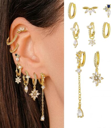 8 Pcs Earring Stacks Cartilage Chain Piercing Set Women 18k Flat Back Multiple Piercing Dangle Hoop Jewelry Gift in Saudi Arabia
